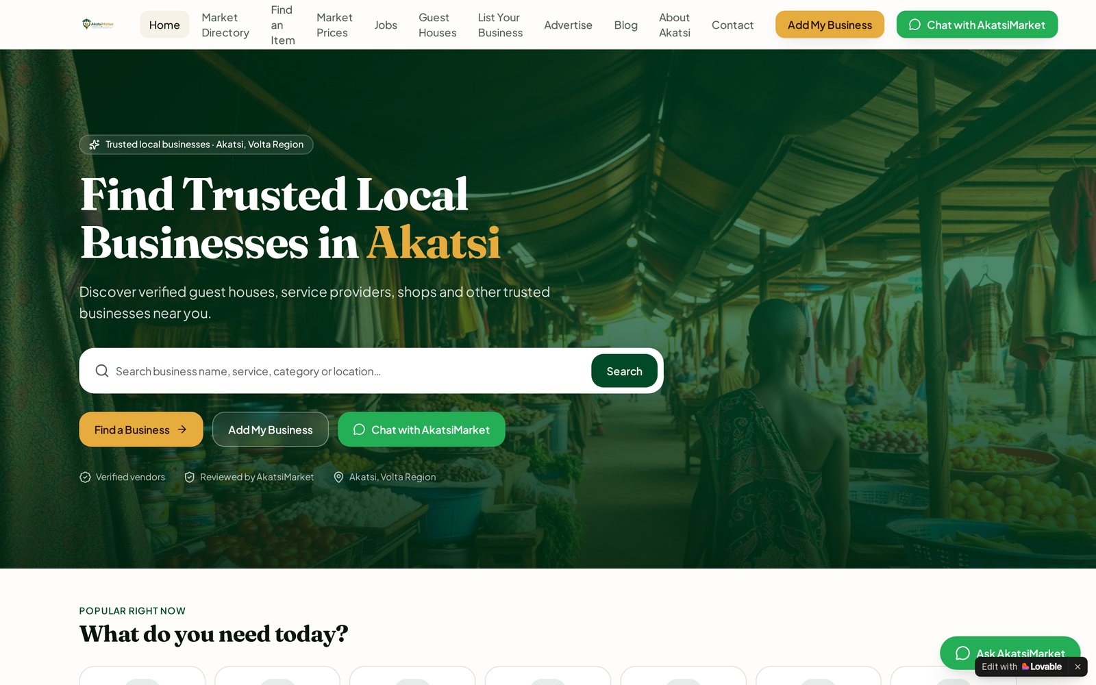 Screenshot of the AkatsiMarket website, a local business & service directory platform