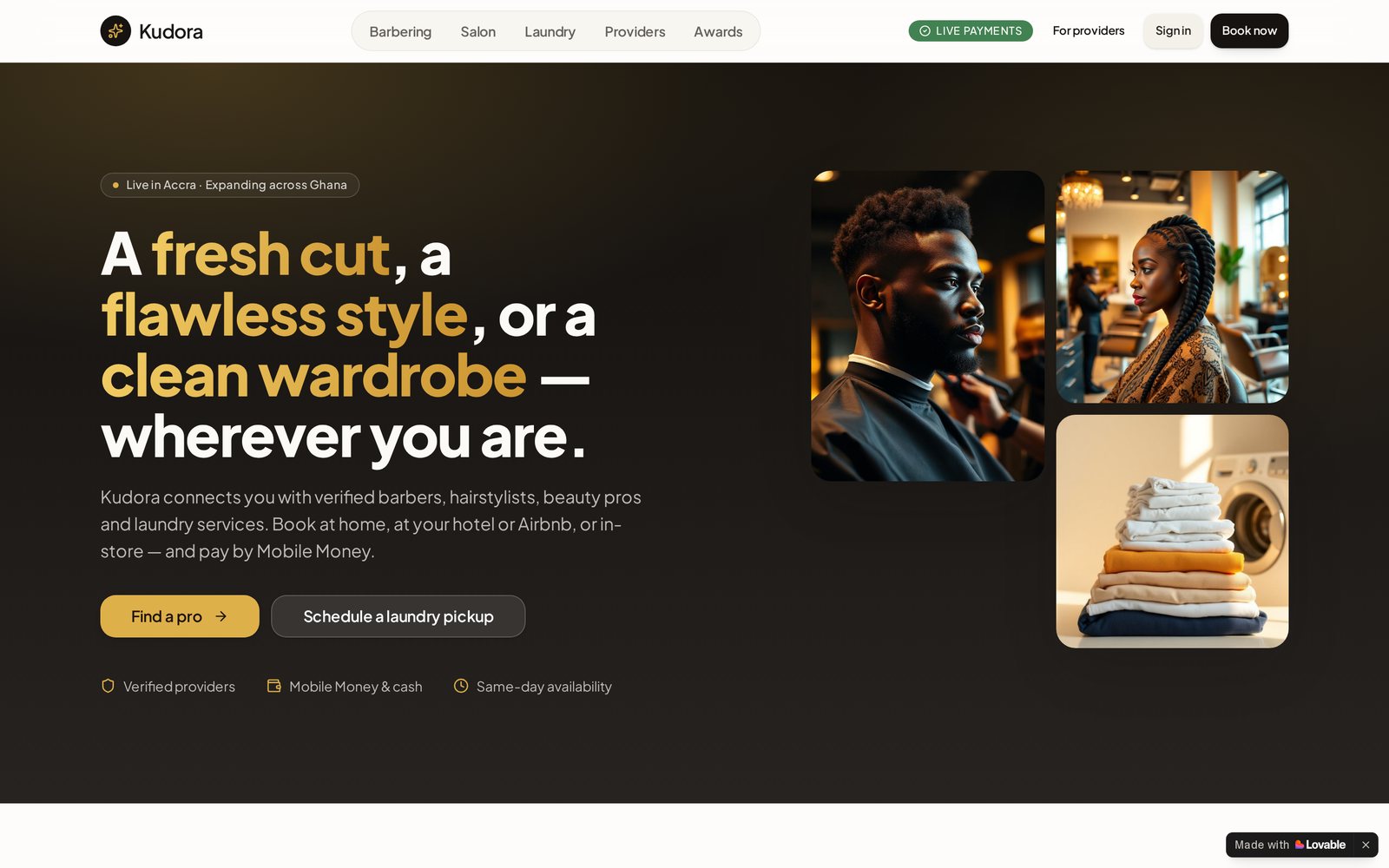 Screenshot of the Kudora website, an on-demand services platform platform